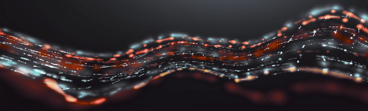 Abstract digital art with flowing lines of red, white, and orange glowing dots against a dark background, resembling a wavy energy pattern.