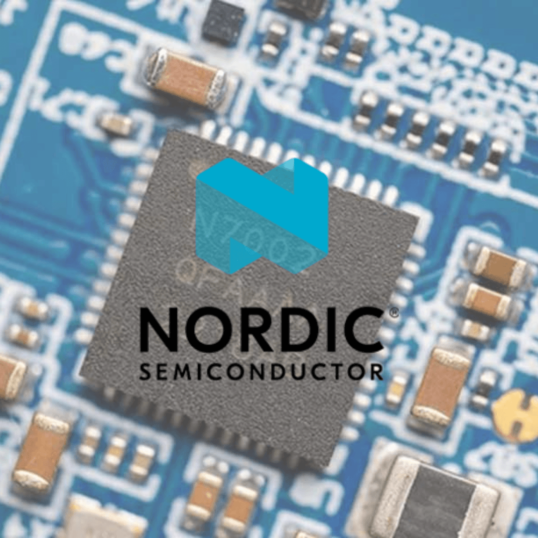 Close-up of a circuit board with electronic components, featuring the logo "Nordic Semiconductor" prominently overlaid.
