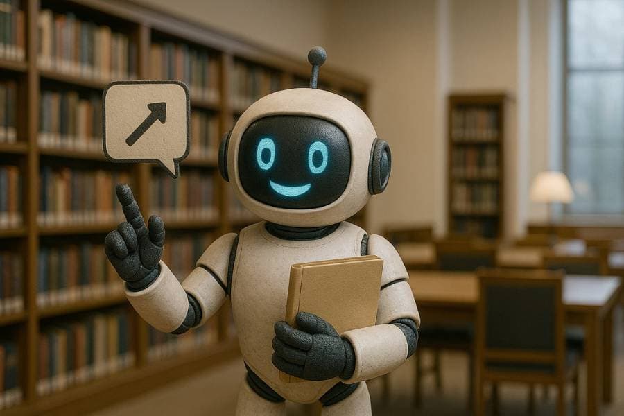 A friendly robot holding a book points upwards, standing in a library with shelves and tables in the background.