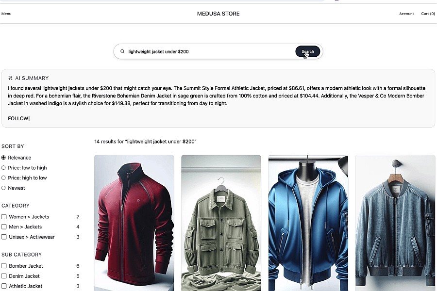 Medusa Search Result Page powered by Interakt