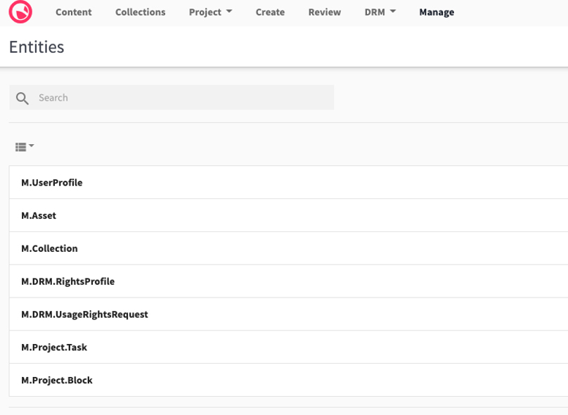 Screenshot of Entities page, listing Content Hub entities