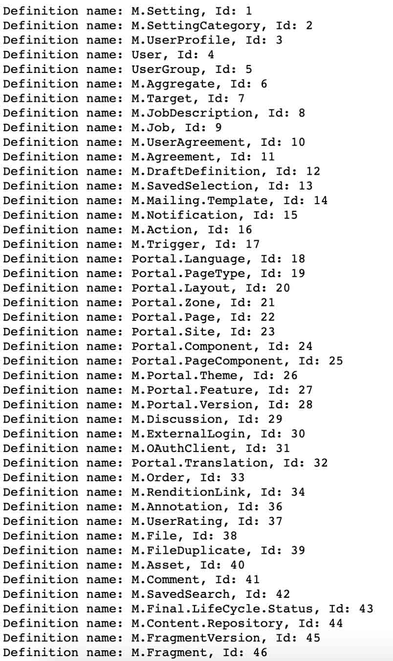 Screenshot listing configuration IDs