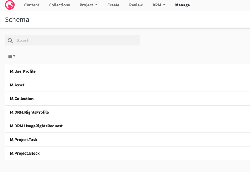 Screenshot of Schema page, listing Content Hub schemas