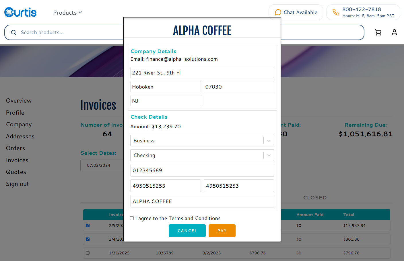 Curtis ACH betaling for Alpha Coffee