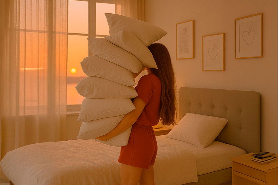 Kvinde bærer på flere puder ved sengen med aftensolen i vinduet