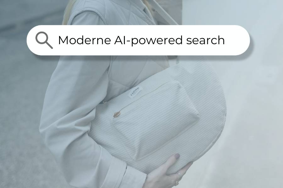 Person holder taske inkl. search bar overlay med teksten "moderne AI-powered search"
