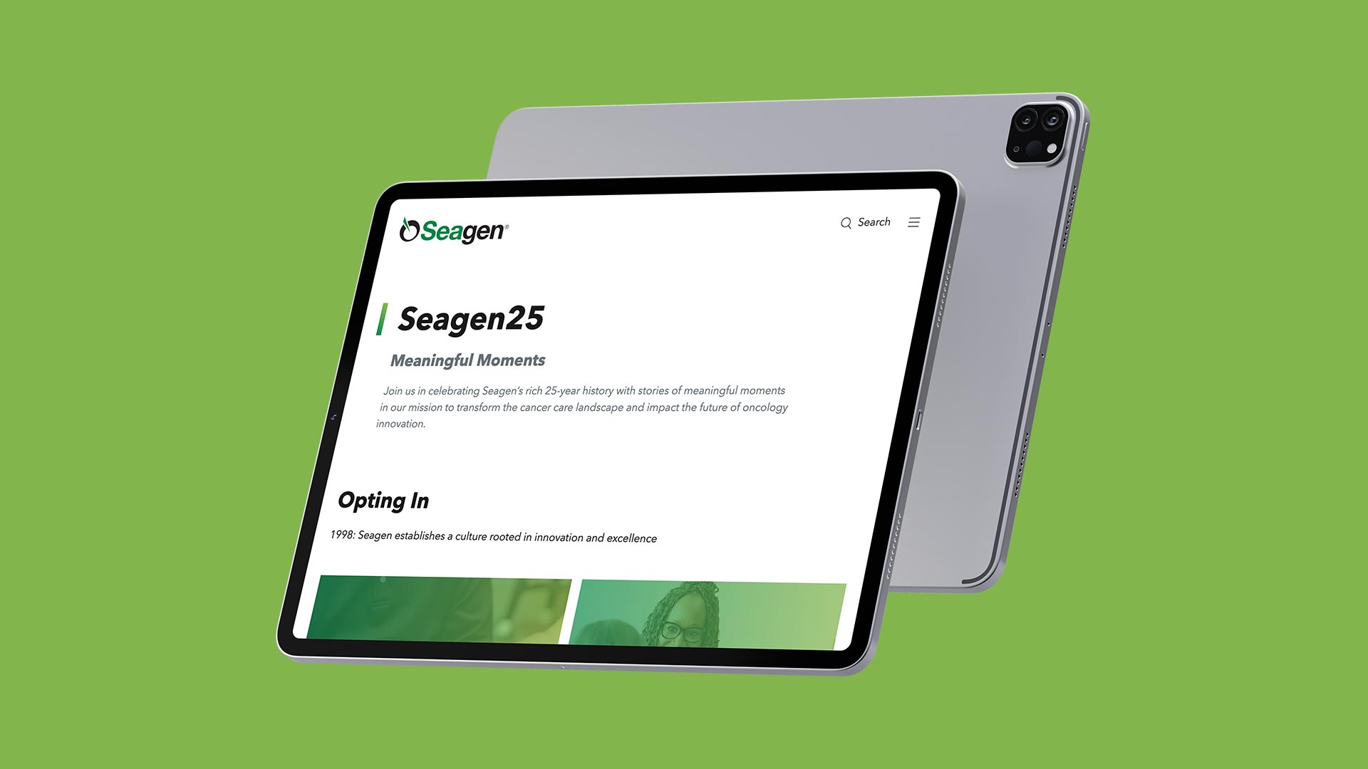 En tablet på en grøn baggrund med Seagens hjemmeside