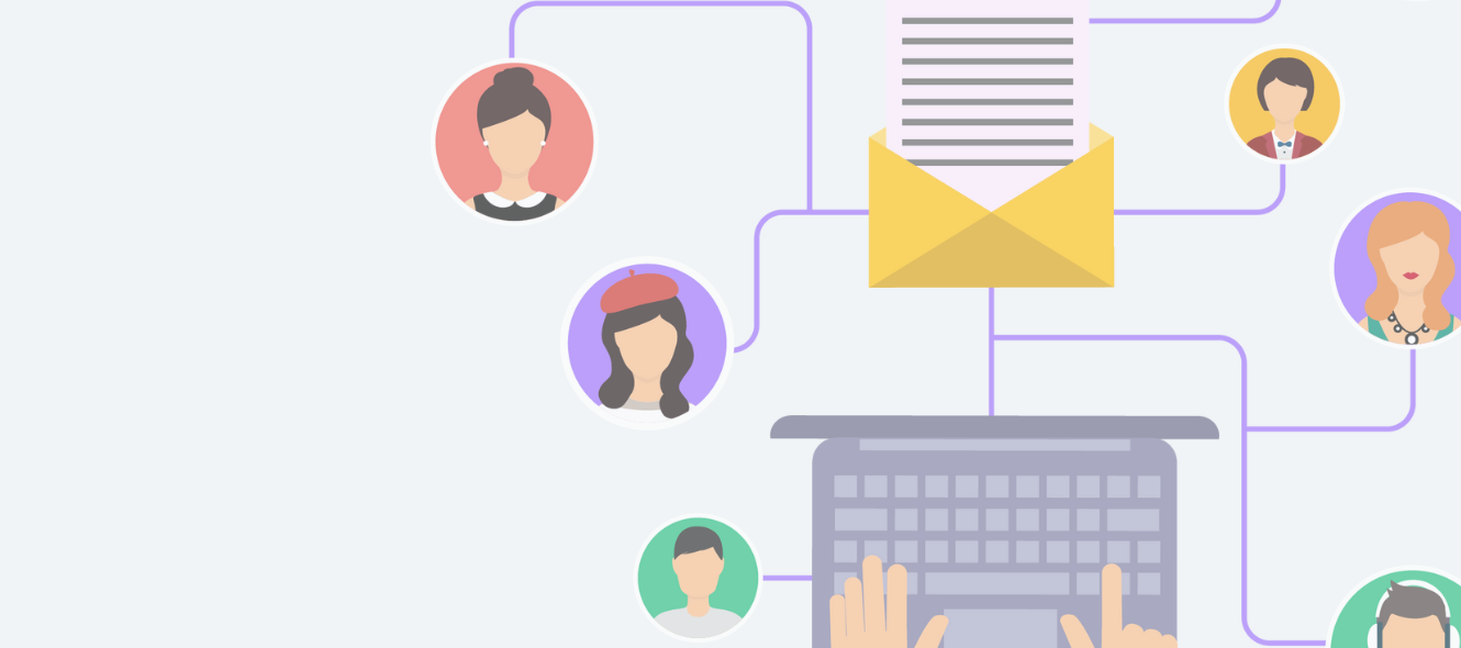 An illustration showing keyboard, opened letter and multiple persons or avatars