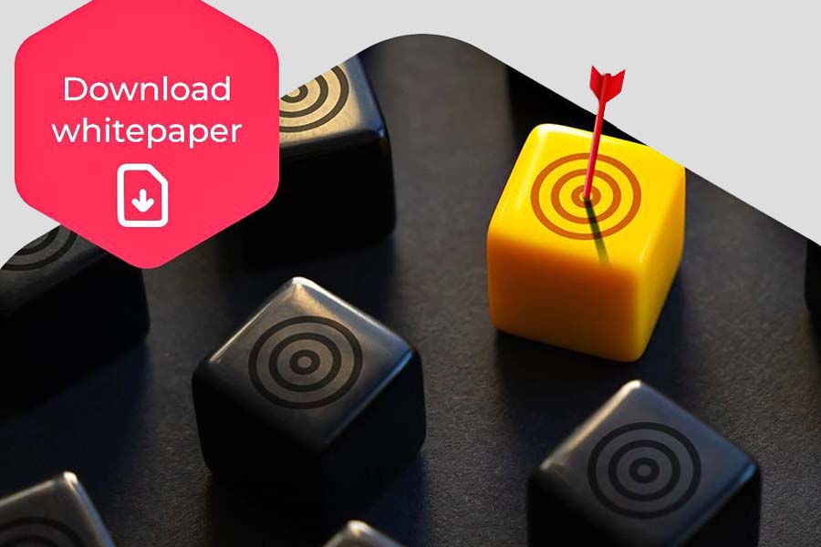 Download whitepaper text with arrow hitting bulls eye on a dice