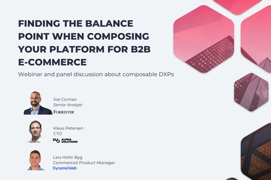 Graphic about composable commerce webinar with attendees Joe Cicman, Klaus Petersen, and Lars Holm Byg