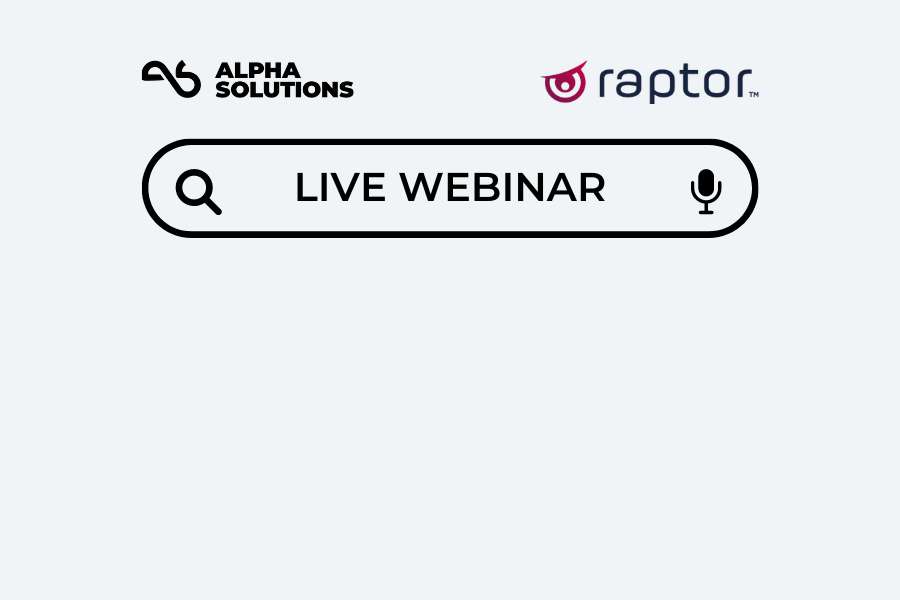 Alpha Solutions og Raptor logo med search bar med teksten "Live Webinar"
