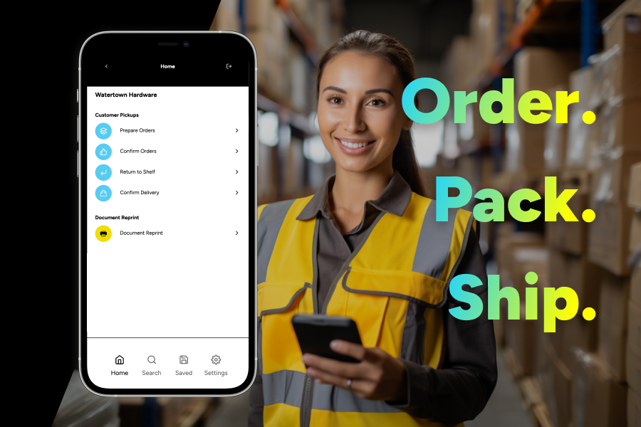 Alpha Order Fulfillment App med lagermedarbejder med mobil i hånden