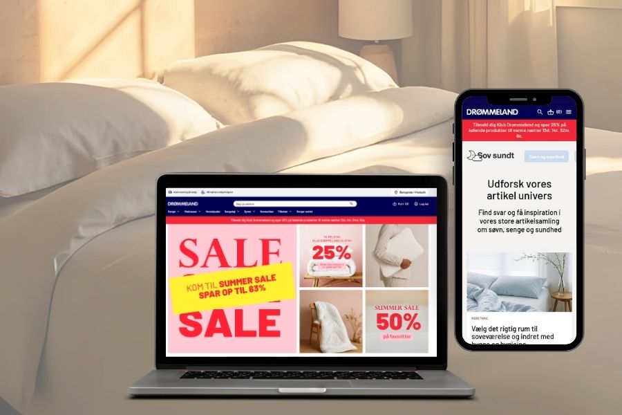 Screenshots of Drømmeland's website on desktop and mobile from June 2025