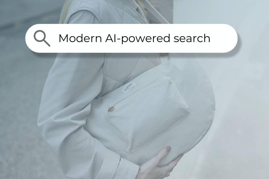 Person with bag with search bar overlay, saying "modern AI-powered search"