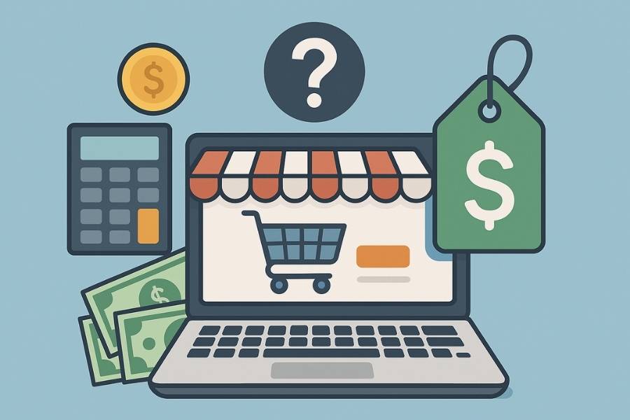 Website illustration showing a laptop, dollar signs, dollar bills, calculator and coins