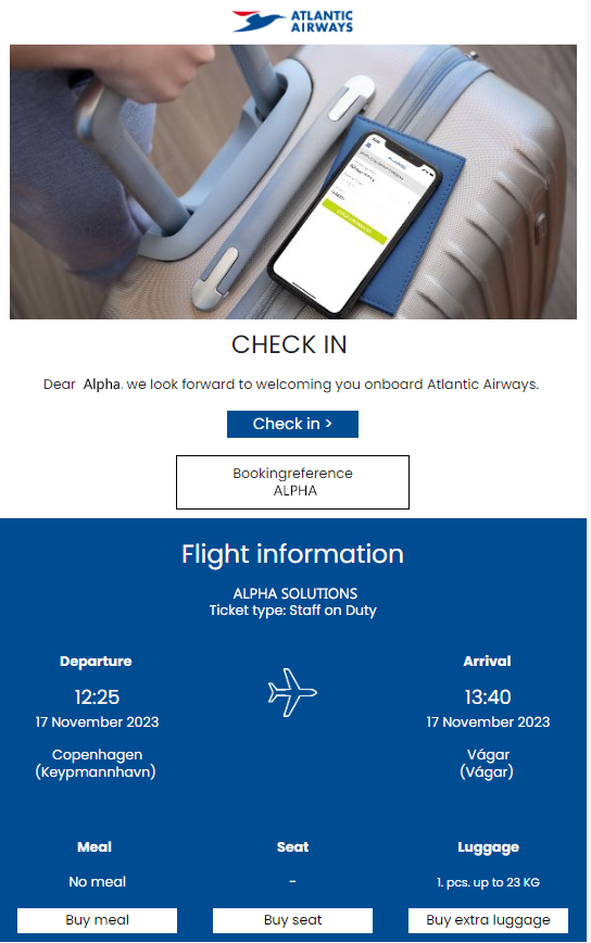 Skabelon af infomail før afrejse med Atlantic Airways