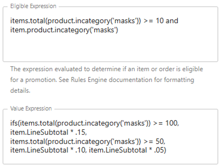 Showing exanmple of a promotion in Sitecore OrderCloud with rules/formulas for the Eligible Expression and the Value Expression