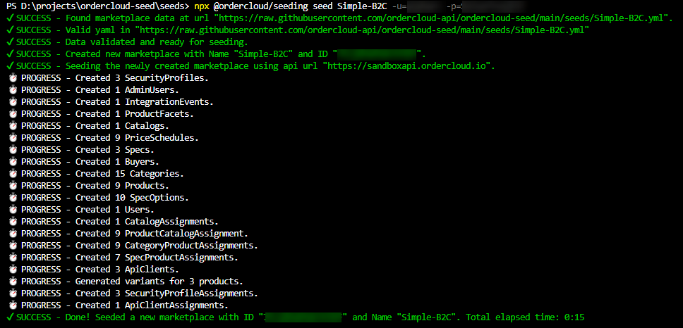 Sitecore OrderCloud Seed Console Output