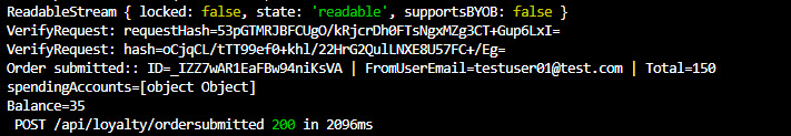 Console output from the middleware that shows callback from OrderCloud webhook when an order is submitted