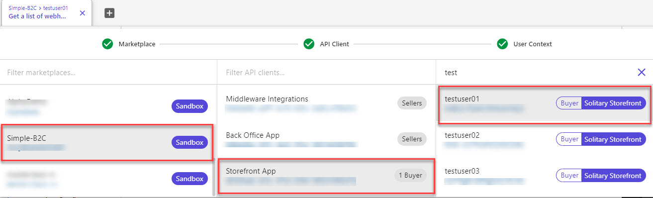 Image showing OrderCloud Console where Marketplace, API Client and User is selected and used for imporsonation
