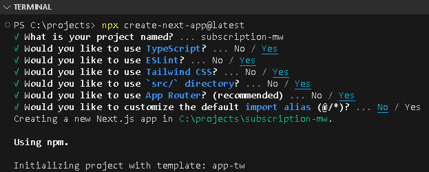 Console output from running a create next app command