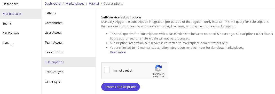 Screenshot showing the Self Service Part of subscriptions on Sitecore OrderClouds portal