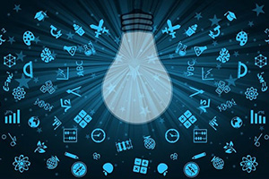 A lightbulb glowing with many knowledge areas