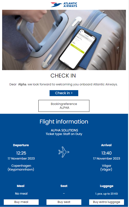 Template of info mail pre-departure with Atlantic Airways